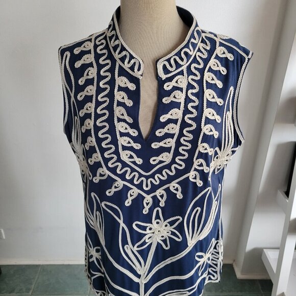 NWT-Lauren Michelle Sleeveless Blue White Stretch Embroidered Top (Size: Large) - Picture 8 of 14